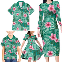 Cyan Hawaii Hibiscus With Tropical Flowers Motifs Family Matching Long Sleeve Bodycon Dress and Hawaiian Shirt LT14 - Polynesian Pride