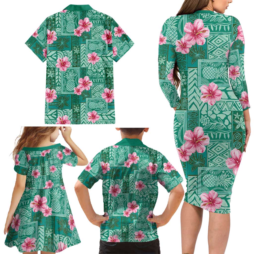 Cyan Hawaii Hibiscus With Tropical Flowers Motifs Family Matching Long Sleeve Bodycon Dress and Hawaiian Shirt LT14 - Polynesian Pride