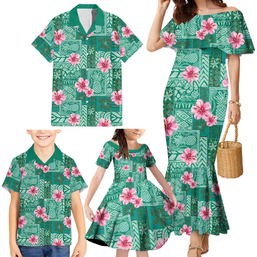 Cyan Hawaii Hibiscus With Tropical Flowers Motifs Family Matching Mermaid Dress and Hawaiian Shirt LT14 - Polynesian Pride
