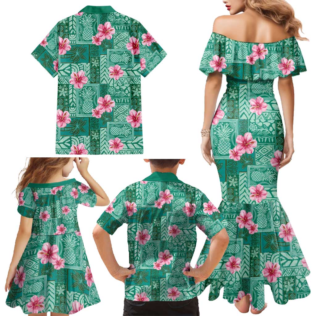 Cyan Hawaii Hibiscus With Tropical Flowers Motifs Family Matching Mermaid Dress and Hawaiian Shirt LT14 - Polynesian Pride