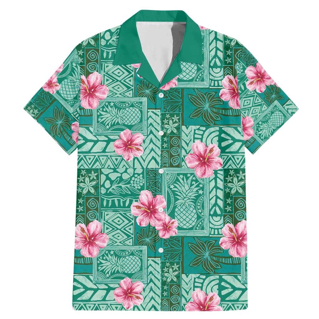 Cyan Hawaii Hibiscus With Tropical Flowers Motifs Family Matching Mermaid Dress and Hawaiian Shirt LT14 Dad's Shirt - Short Sleeve Cyan - Polynesian Pride