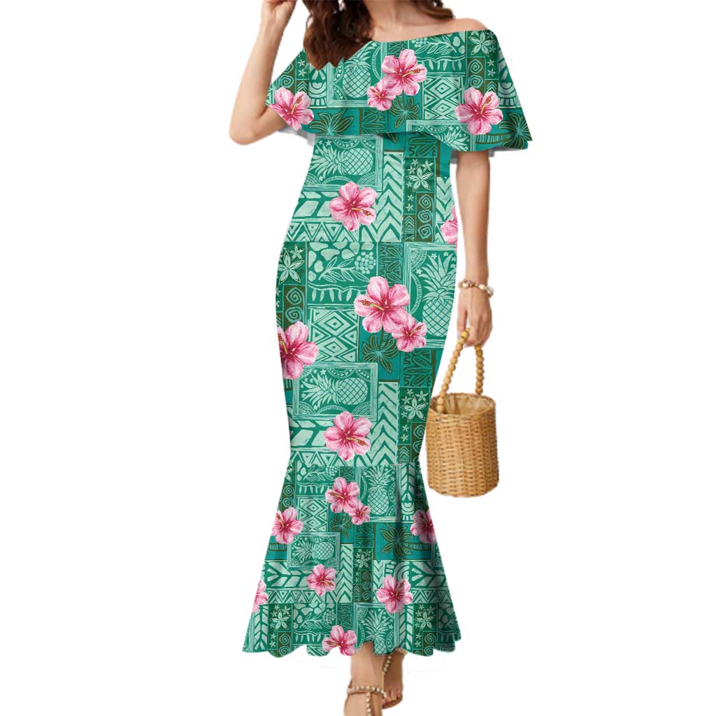 Cyan Hawaii Hibiscus With Tropical Flowers Motifs Family Matching Mermaid Dress and Hawaiian Shirt LT14 Mom's Dress Cyan - Polynesian Pride