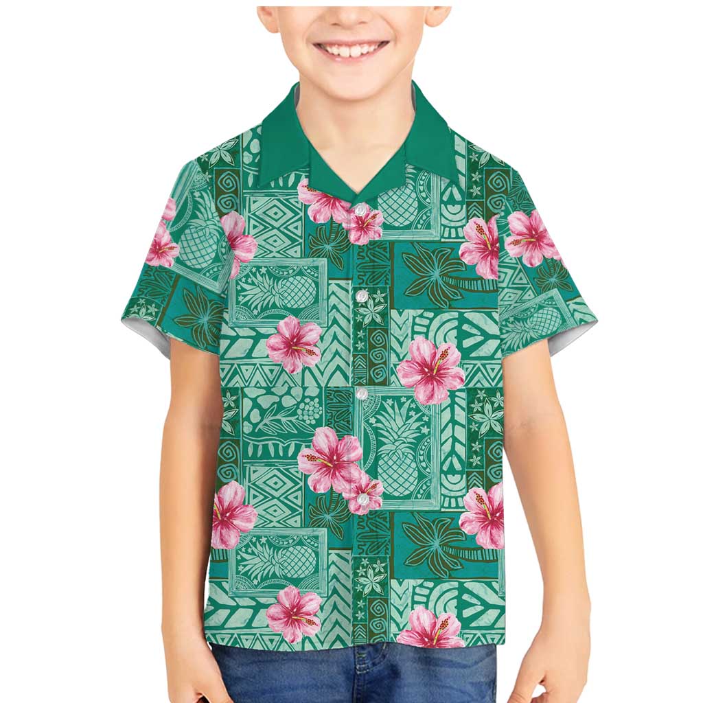 Cyan Hawaii Hibiscus With Tropical Flowers Motifs Family Matching Mermaid Dress and Hawaiian Shirt LT14 Son's Shirt Cyan - Polynesian Pride