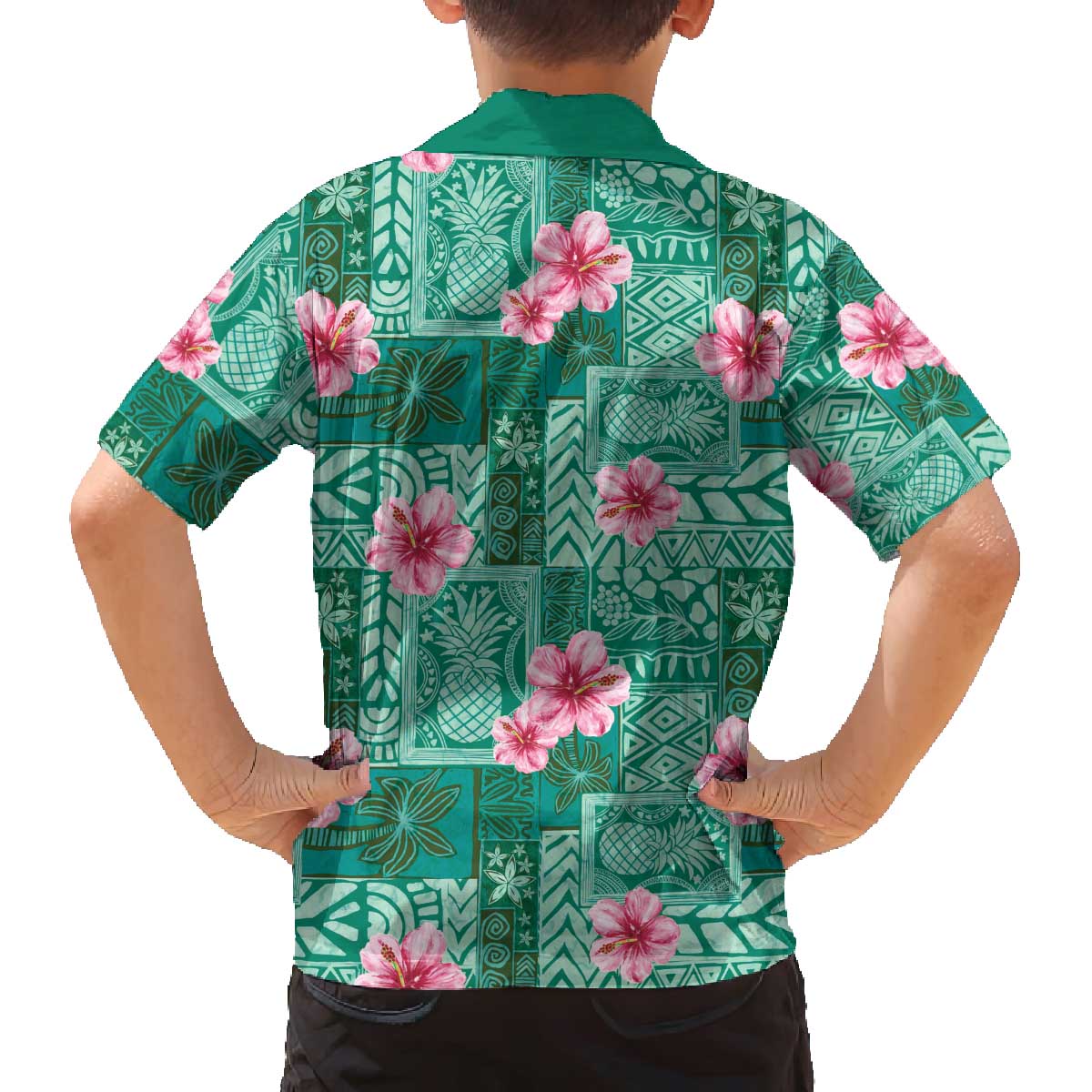 Cyan Hawaii Hibiscus With Tropical Flowers Motifs Family Matching Off The Shoulder Long Sleeve Dress and Hawaiian Shirt LT14 - Polynesian Pride