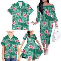 Cyan Hawaii Hibiscus With Tropical Flowers Motifs Family Matching Off The Shoulder Long Sleeve Dress and Hawaiian Shirt LT14 - Polynesian Pride