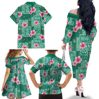 Cyan Hawaii Hibiscus With Tropical Flowers Motifs Family Matching Off The Shoulder Long Sleeve Dress and Hawaiian Shirt LT14 - Polynesian Pride