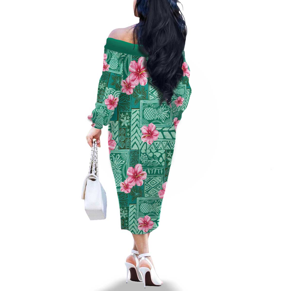 Cyan Hawaii Hibiscus With Tropical Flowers Motifs Family Matching Off The Shoulder Long Sleeve Dress and Hawaiian Shirt LT14 - Polynesian Pride
