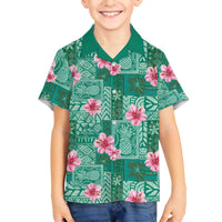 Cyan Hawaii Hibiscus With Tropical Flowers Motifs Family Matching Off The Shoulder Long Sleeve Dress and Hawaiian Shirt LT14 Son's Shirt Cyan - Polynesian Pride