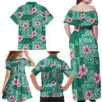 Cyan Hawaii Hibiscus With Tropical Flowers Motifs Family Matching Off Shoulder Maxi Dress and Hawaiian Shirt LT14 - Polynesian Pride