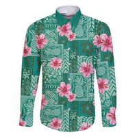 Cyan Hawaii Hibiscus With Tropical Flowers Motifs Family Matching Off Shoulder Maxi Dress and Hawaiian Shirt LT14 Dad's Shirt - Long Sleeve Cyan - Polynesian Pride