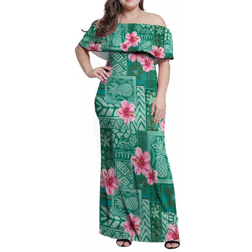 Cyan Hawaii Hibiscus With Tropical Flowers Motifs Family Matching Off Shoulder Maxi Dress and Hawaiian Shirt LT14 Mom's Dress Cyan - Polynesian Pride