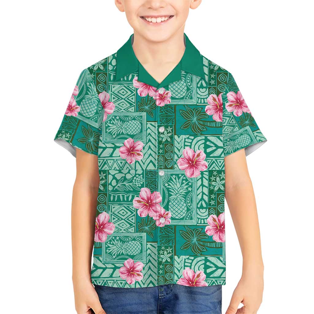 Cyan Hawaii Hibiscus With Tropical Flowers Motifs Family Matching Off Shoulder Maxi Dress and Hawaiian Shirt LT14 Son's Shirt Cyan - Polynesian Pride
