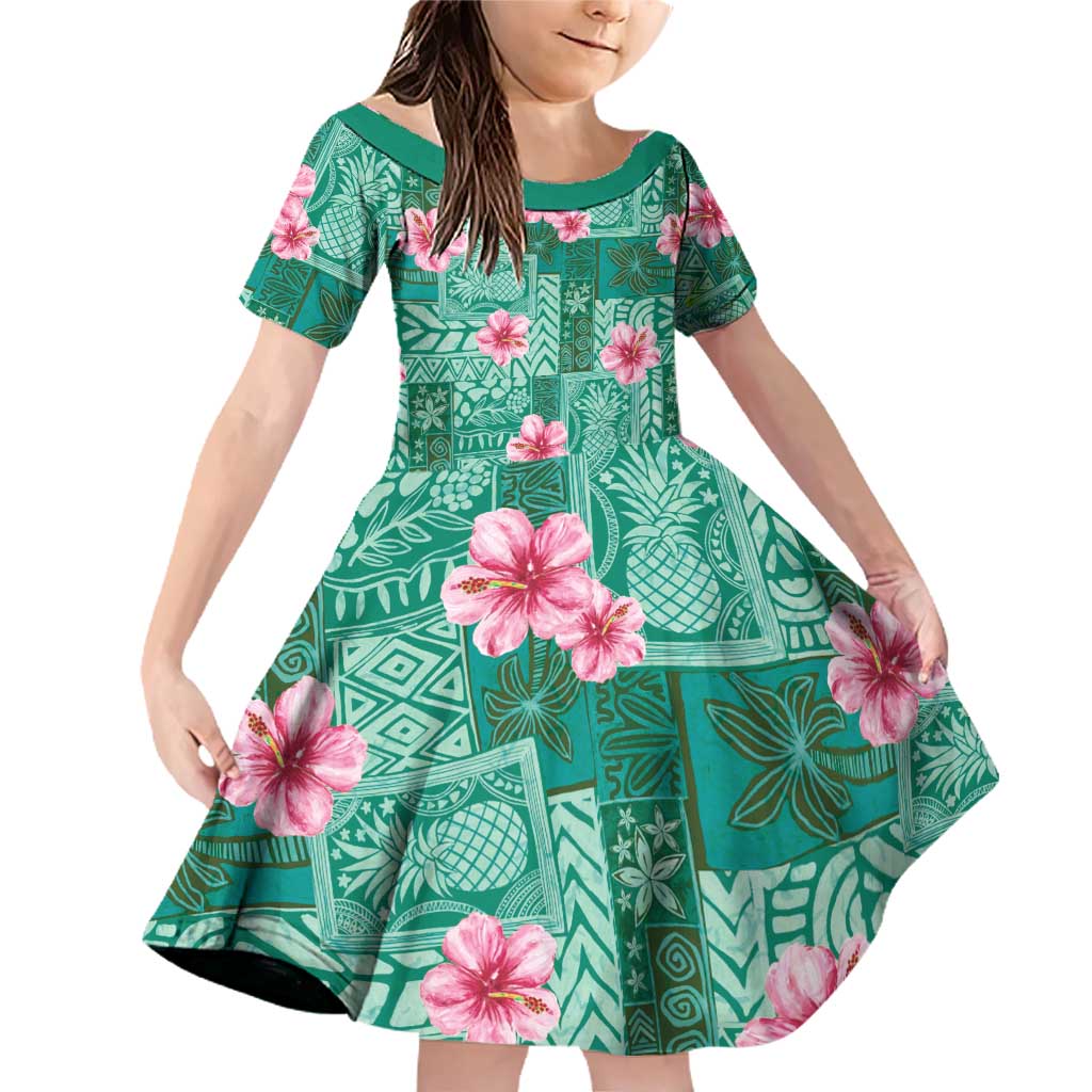 Cyan Hawaii Hibiscus With Tropical Flowers Motifs Family Matching Off Shoulder Short Dress and Hawaiian Shirt LT14 Daughter's Dress Cyan - Polynesian Pride