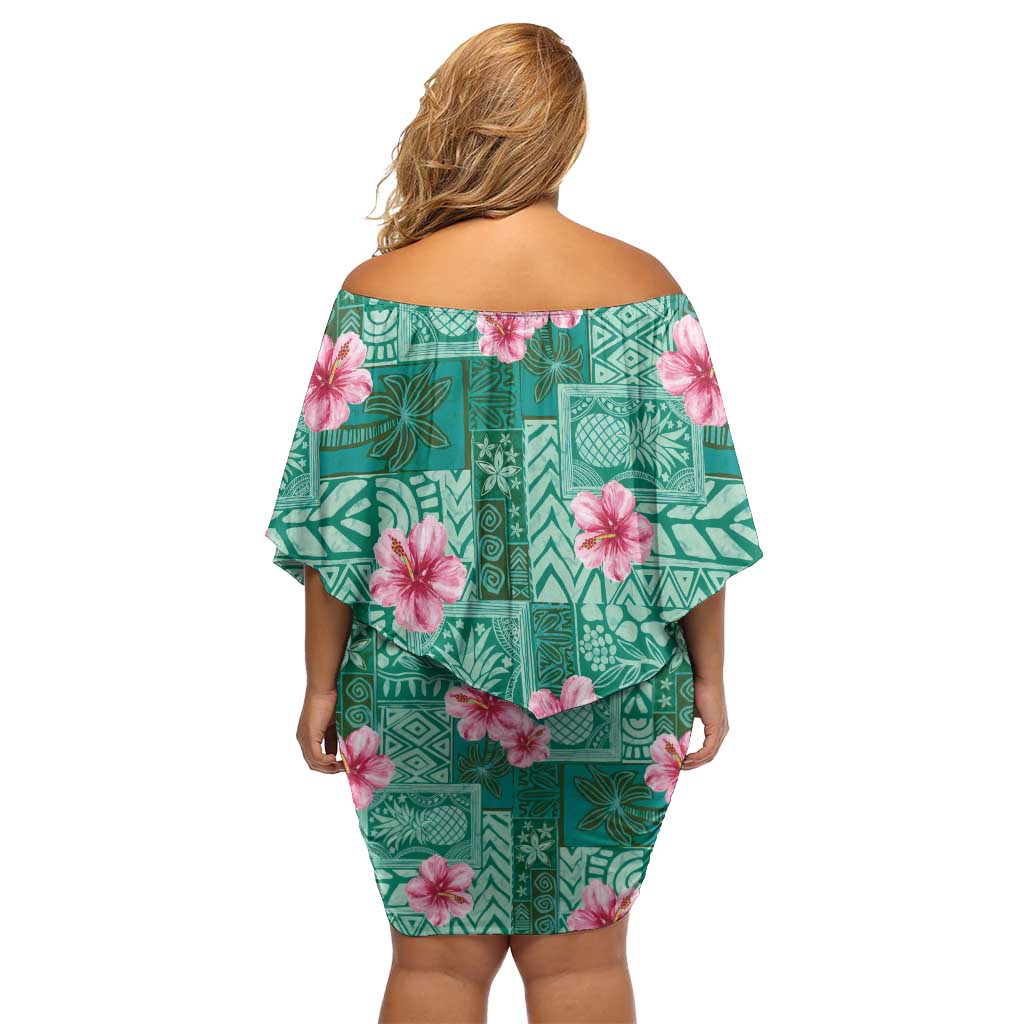 Cyan Hawaii Hibiscus With Tropical Flowers Motifs Family Matching Off Shoulder Short Dress and Hawaiian Shirt LT14 - Polynesian Pride