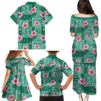 Cyan Hawaii Hibiscus With Tropical Flowers Motifs Family Matching Puletasi and Hawaiian Shirt LT14 - Polynesian Pride