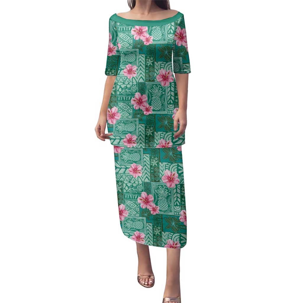 Cyan Hawaii Hibiscus With Tropical Flowers Motifs Family Matching Puletasi and Hawaiian Shirt LT14 Mom's Dress Cyan - Polynesian Pride