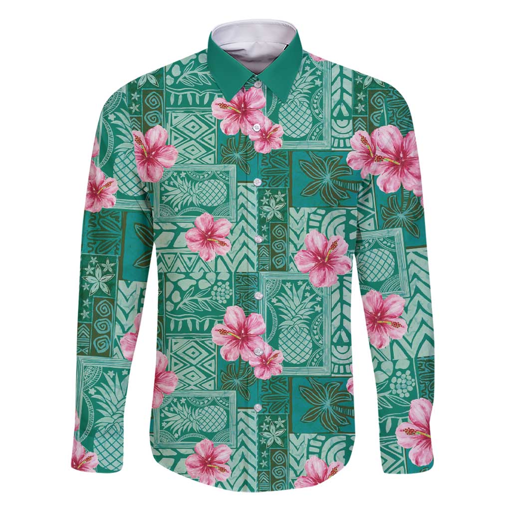 Cyan Hawaii Hibiscus With Tropical Flowers Motifs Family Matching Short Sleeve Bodycon Dress and Hawaiian Shirt LT14 Dad's Shirt - Long Sleeve Cyan - Polynesian Pride