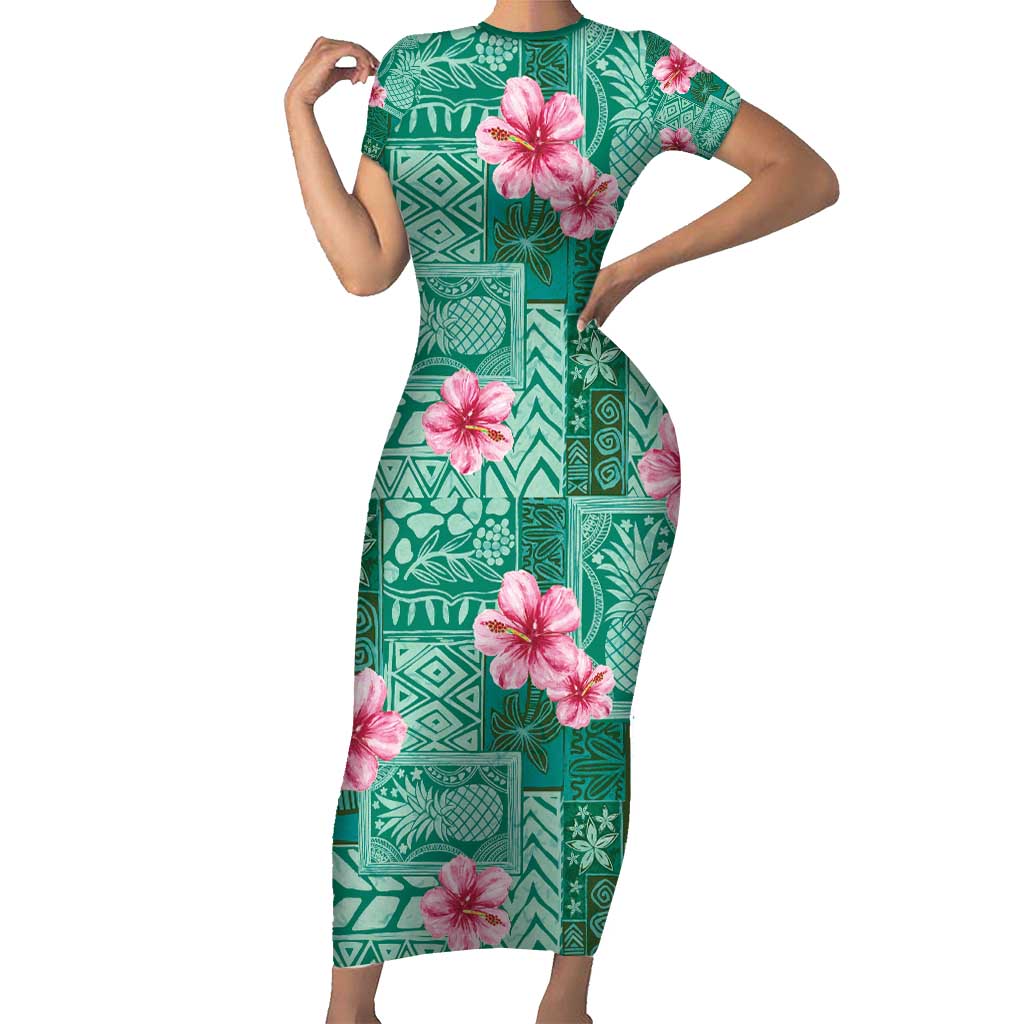 Cyan Hawaii Hibiscus With Tropical Flowers Motifs Family Matching Short Sleeve Bodycon Dress and Hawaiian Shirt LT14 Mom's Dress Cyan - Polynesian Pride