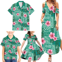 Cyan Hawaii Hibiscus With Tropical Flowers Motifs Family Matching Summer Maxi Dress and Hawaiian Shirt LT14 - Polynesian Pride