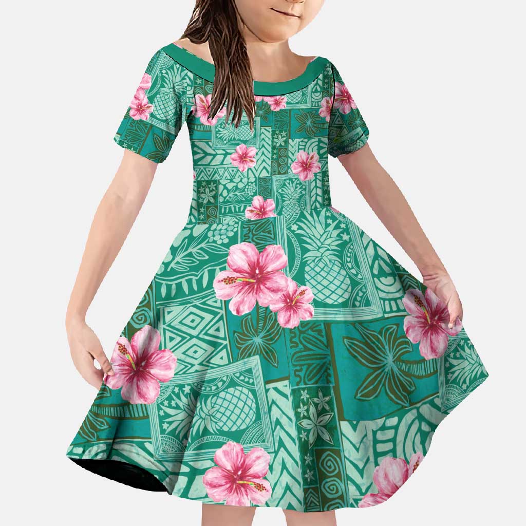 Cyan Hawaii Hibiscus With Tropical Flowers Motifs Family Matching Tank Maxi Dress and Hawaiian Shirt LT14 Daughter's Dress Cyan - Polynesian Pride