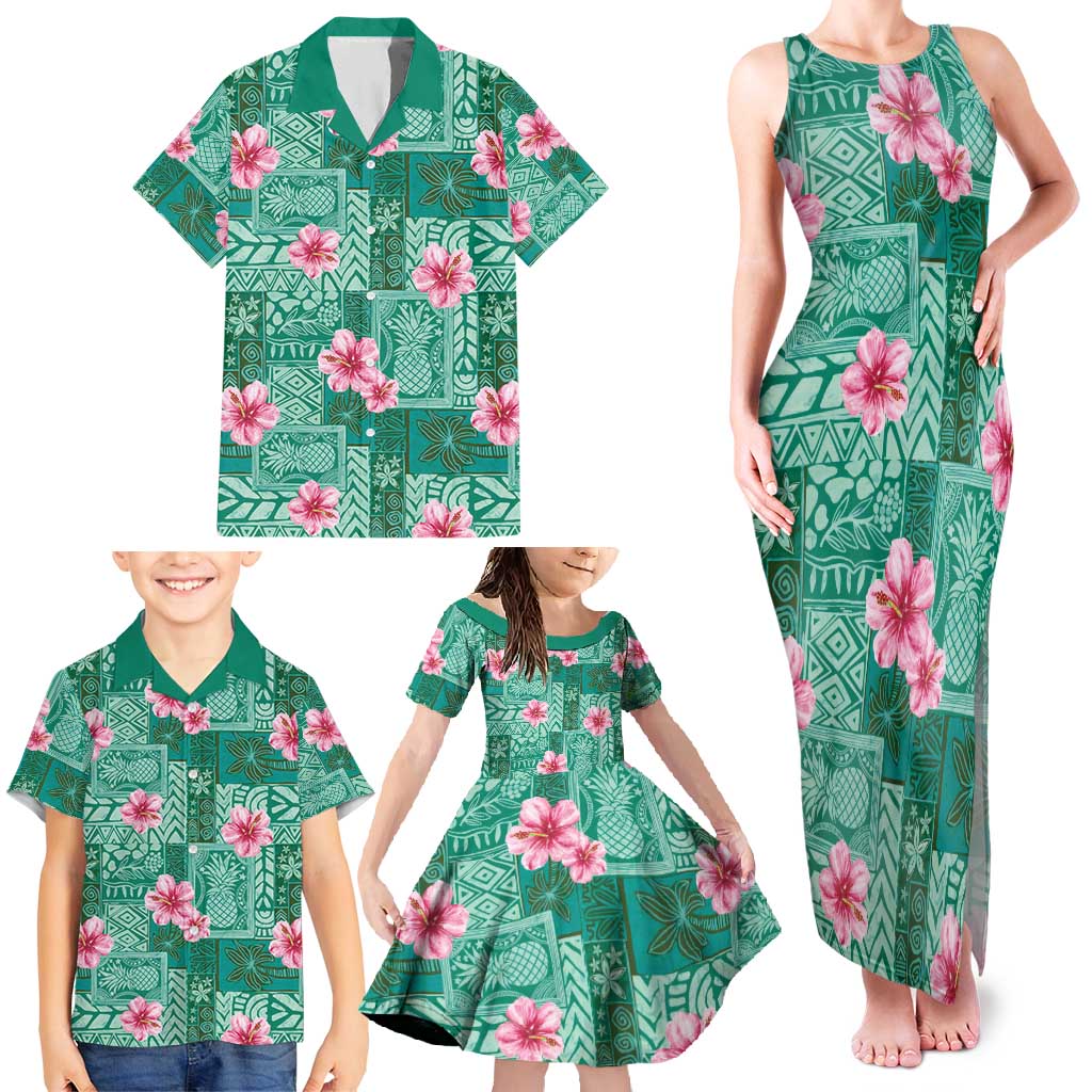 Cyan Hawaii Hibiscus With Tropical Flowers Motifs Family Matching Tank Maxi Dress and Hawaiian Shirt - Polynesian Pride