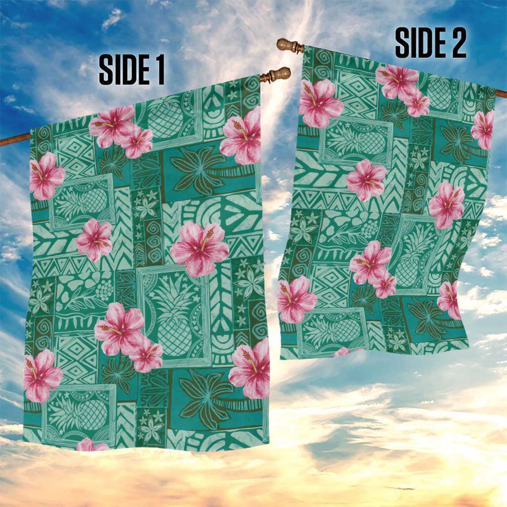 Cyan Hawaii Hibiscus With Tropical Flowers Motifs Garden Flag - Polynesian Pride