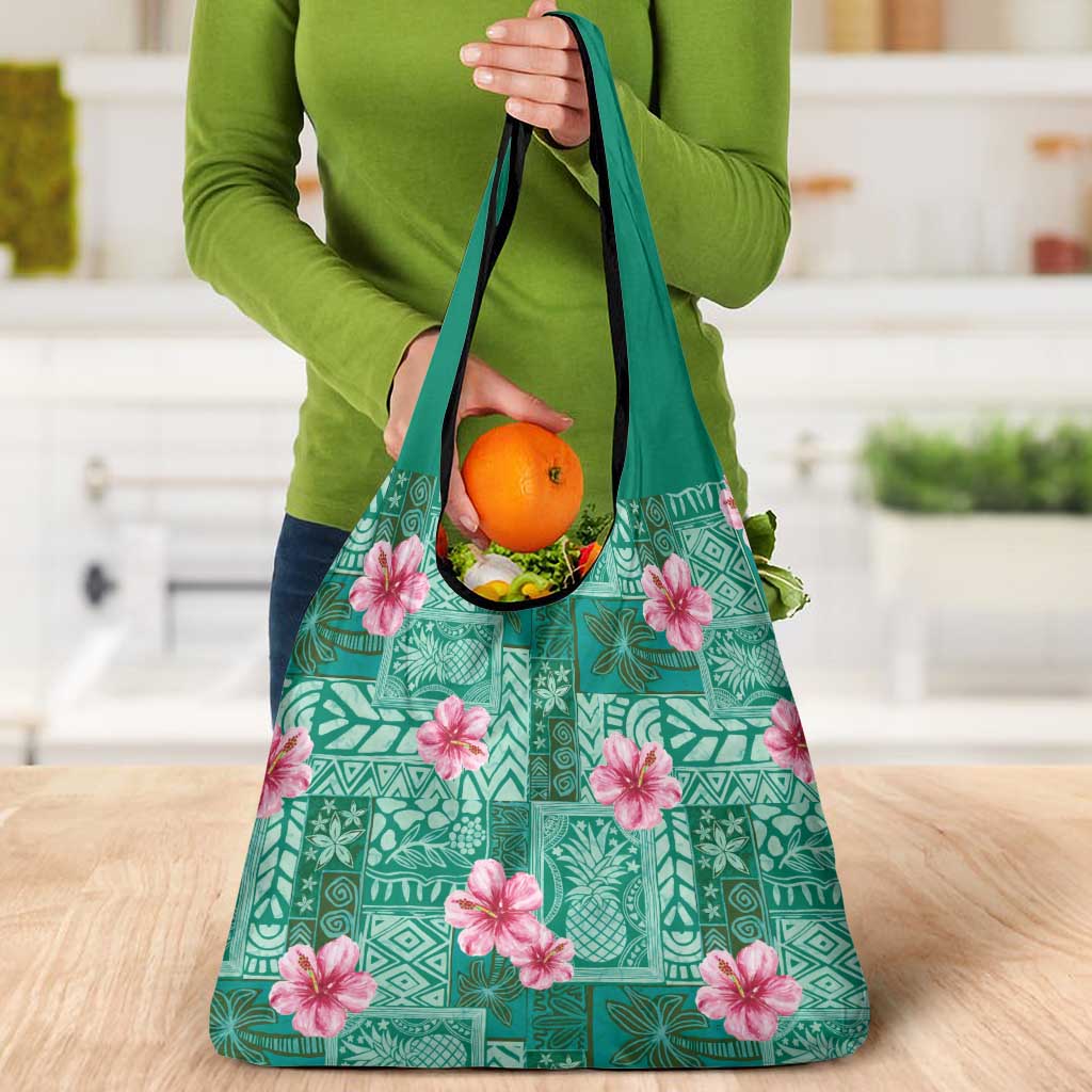 Cyan Hawaii Hibiscus With Tropical Flowers Motifs Grocery Bag - Polynesian Pride