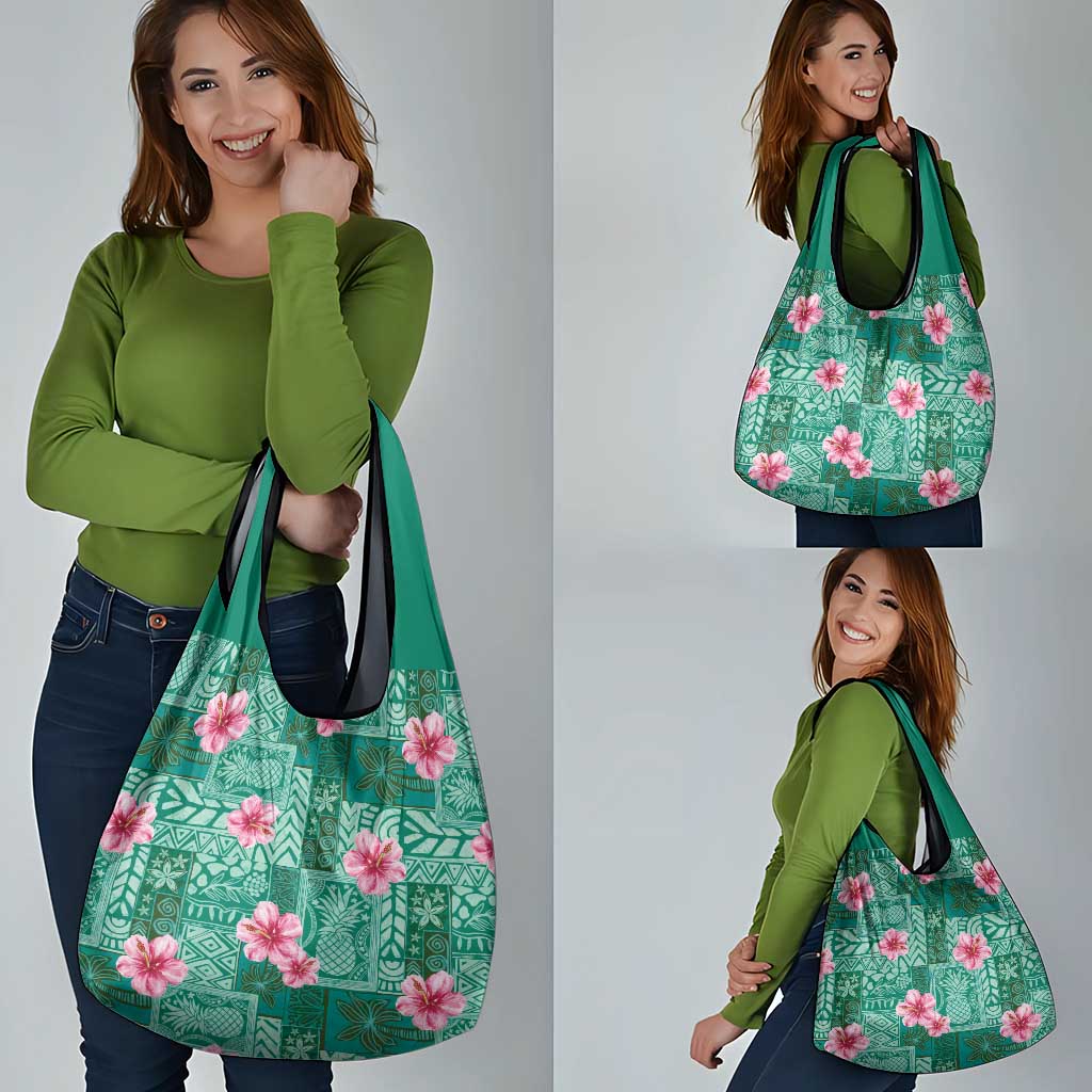 Cyan Hawaii Hibiscus With Tropical Flowers Motifs Grocery Bag - Polynesian Pride