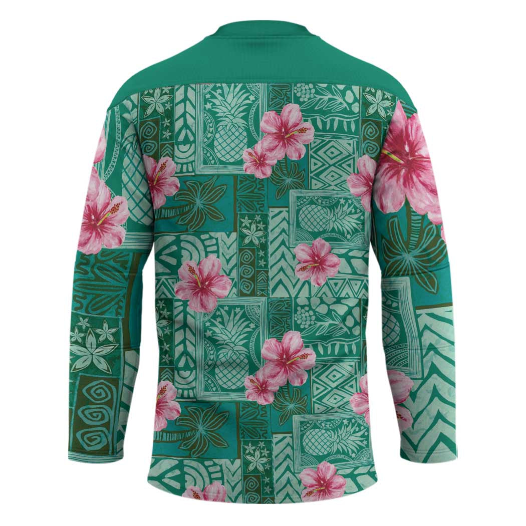 Cyan Hawaii Hibiscus With Tropical Flowers Motifs Hockey Jersey - Polynesian Pride
