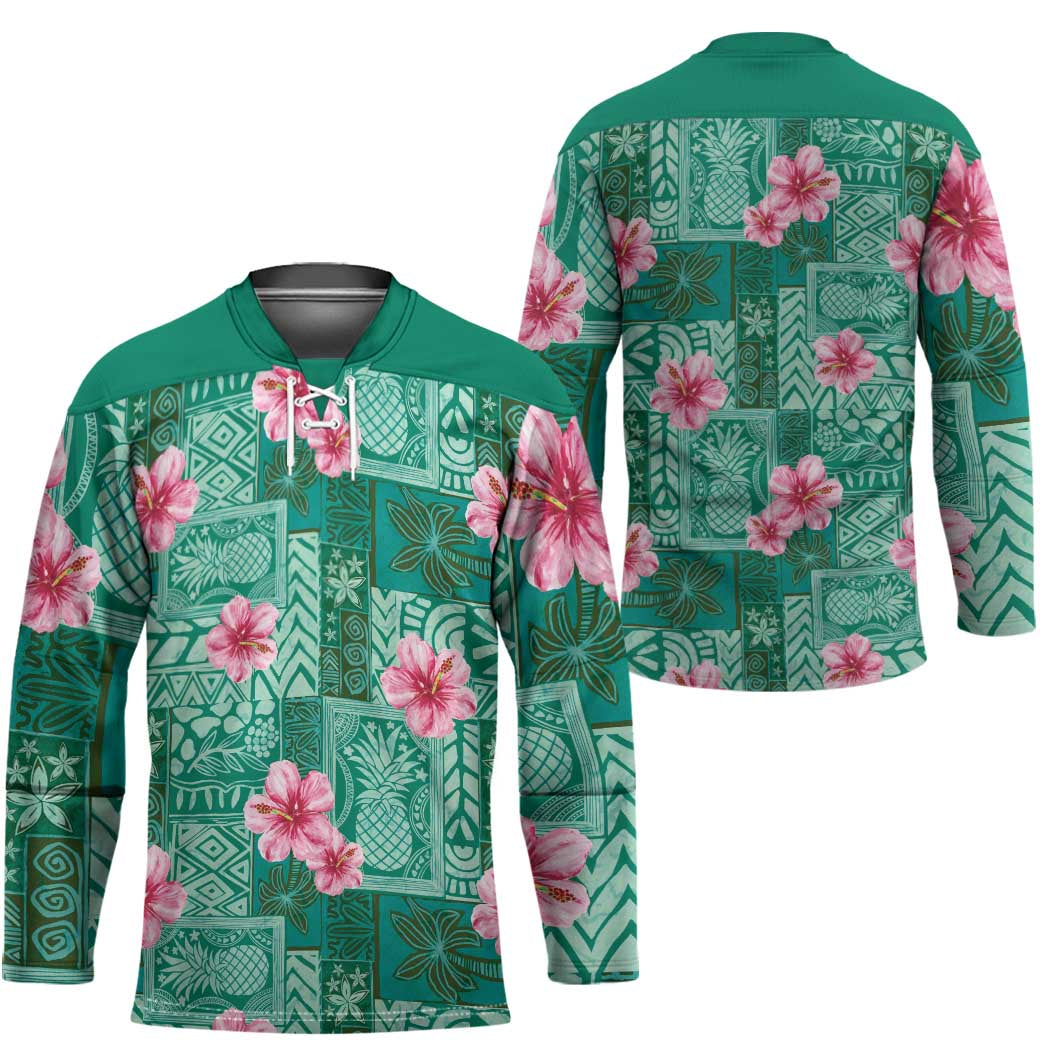 Cyan Hawaii Hibiscus With Tropical Flowers Motifs Hockey Jersey - Polynesian Pride