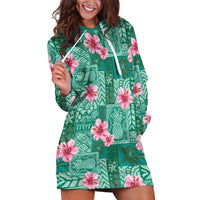 Cyan Hawaii Hibiscus With Tropical Flowers Motifs Hoodie Dress LT14 Cyan - Polynesian Pride