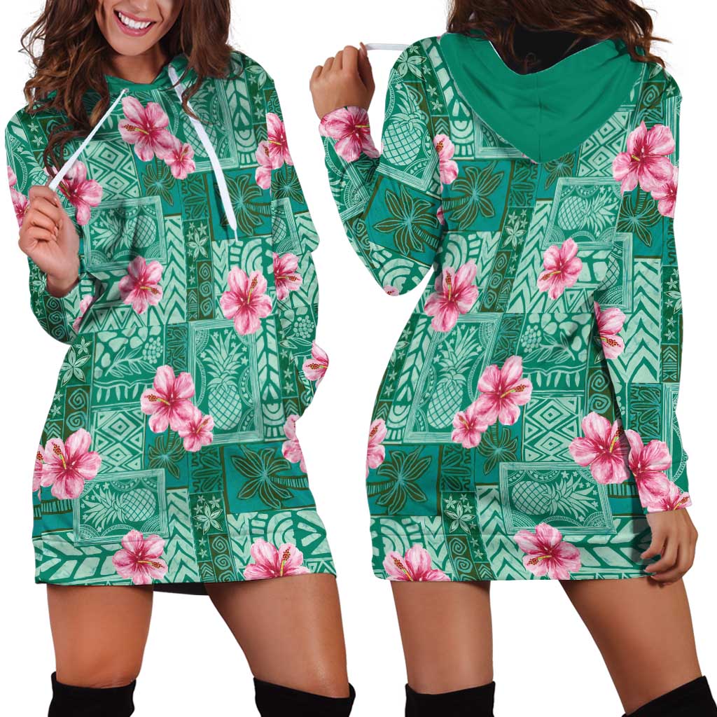 Cyan Hawaii Hibiscus With Tropical Flowers Motifs Hoodie Dress LT14 - Polynesian Pride