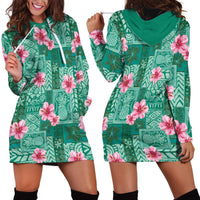 Cyan Hawaii Hibiscus With Tropical Flowers Motifs Hoodie Dress LT14 - Polynesian Pride