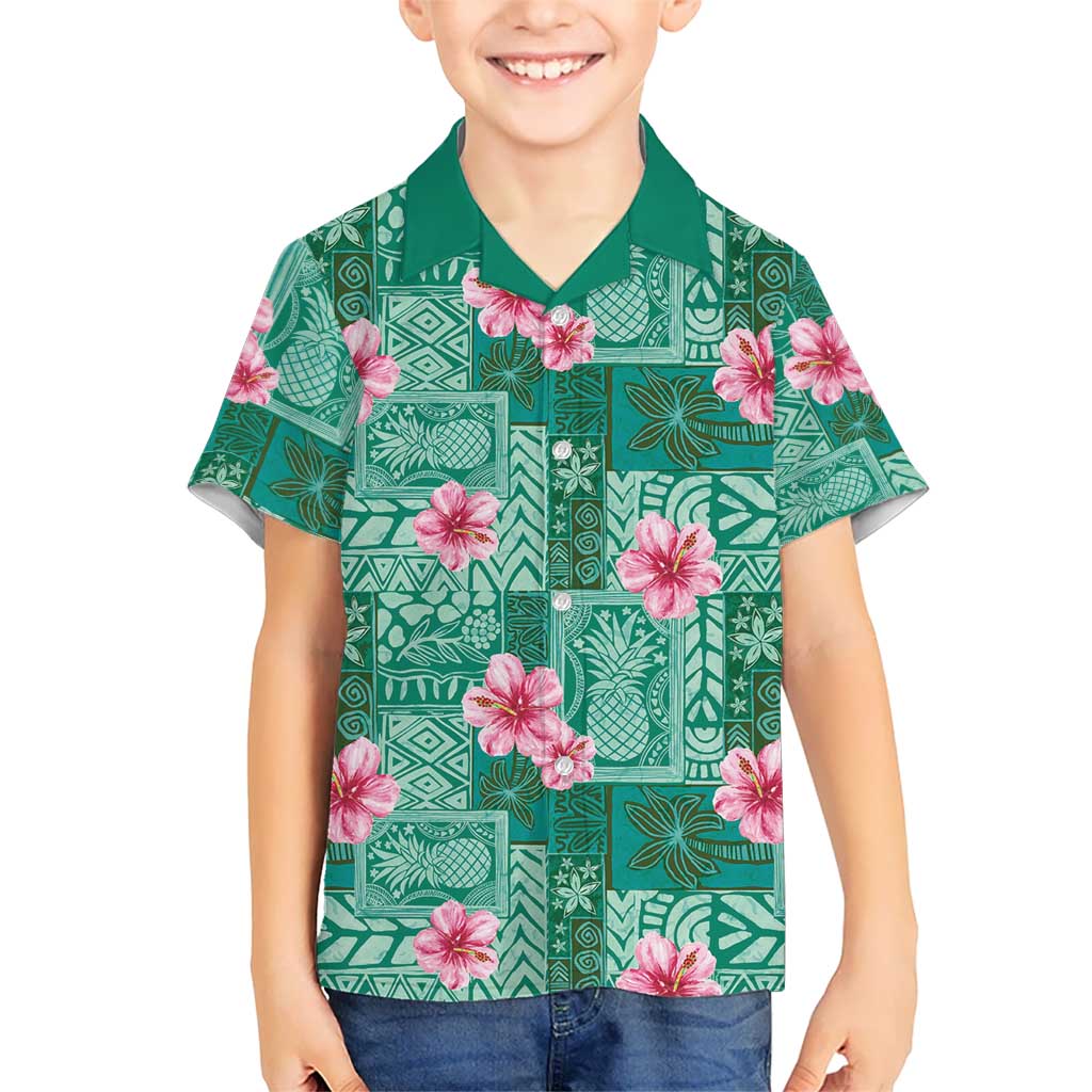 Cyan Hawaii Hibiscus With Tropical Flowers Motifs Kid Hawaiian Shirt LT14 Kid Cyan - Polynesian Pride