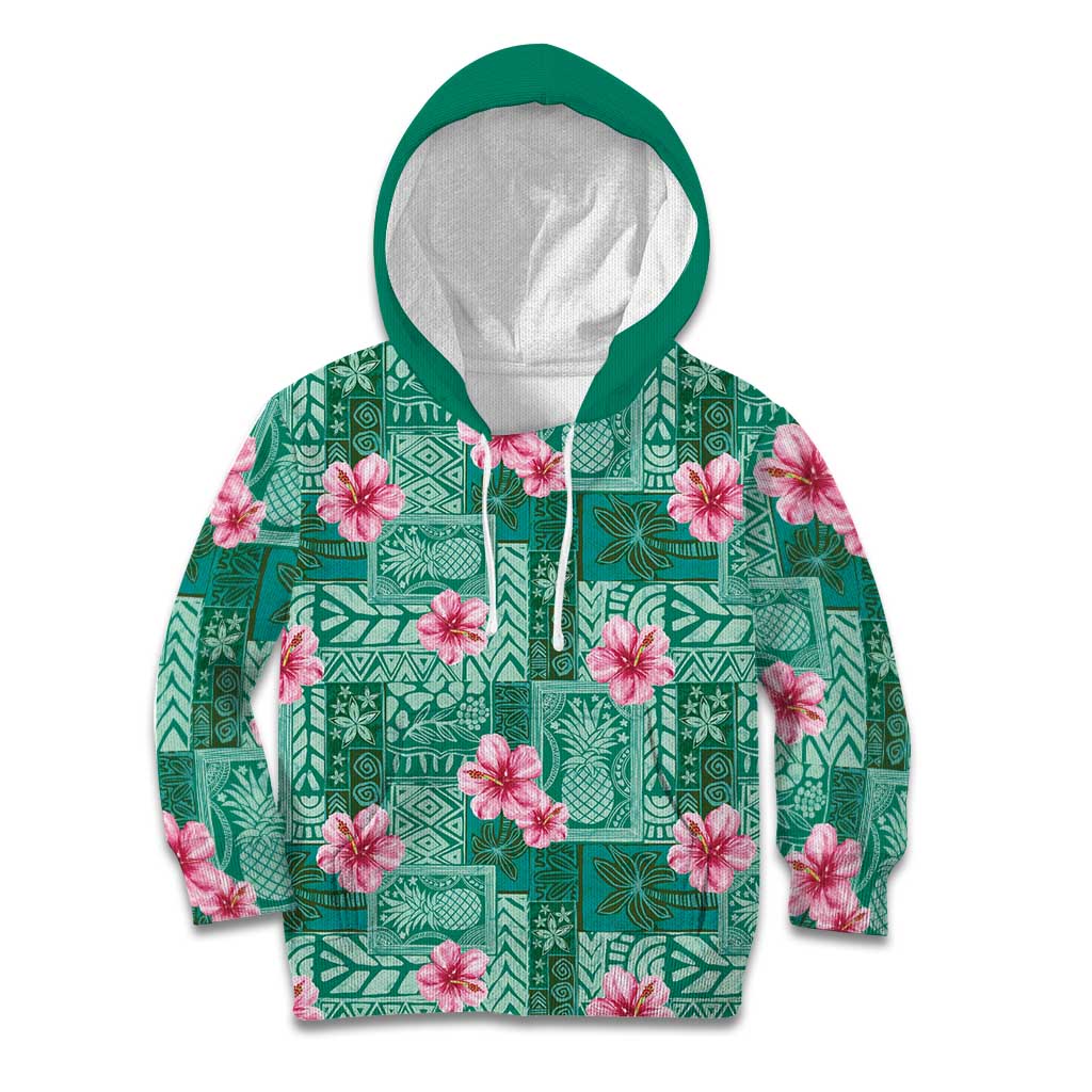 Cyan Hawaii Hibiscus With Tropical Flowers Motifs Kid Hoodie LT14 Hoodie Cyan - Polynesian Pride