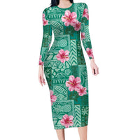 Cyan Hawaii Hibiscus With Tropical Flowers Motifs Long Sleeve Bodycon Dress LT14 Long Dress Cyan - Polynesian Pride