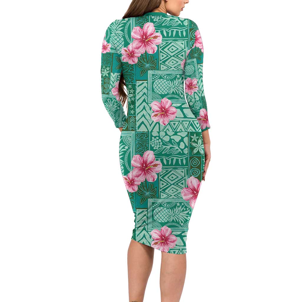Cyan Hawaii Hibiscus With Tropical Flowers Motifs Long Sleeve Bodycon Dress LT14 - Polynesian Pride