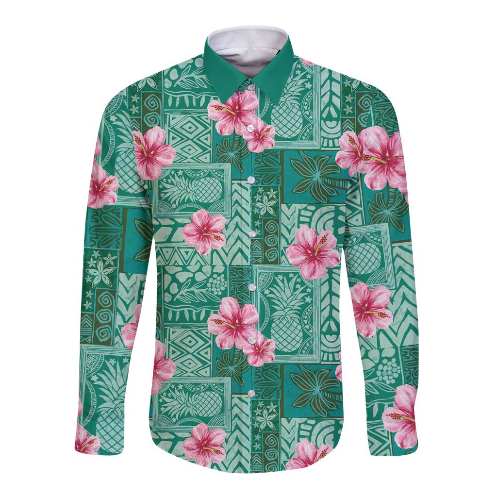 Cyan Hawaii Hibiscus With Tropical Flowers Motifs Long Sleeve Button Shirt LT14 Unisex Cyan - Polynesian Pride