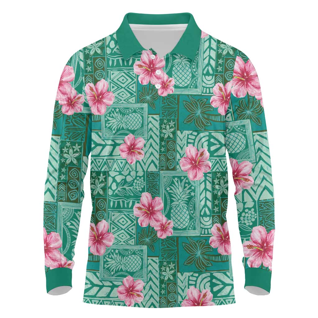 Cyan Hawaii Hibiscus With Tropical Flowers Motifs Long Sleeve Polo Shirt LT14 Cyan - Polynesian Pride
