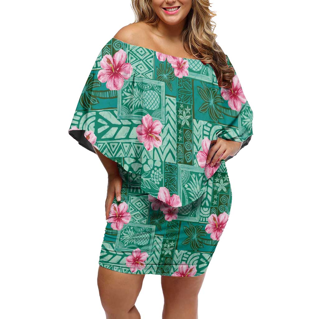 Cyan Hawaii Hibiscus With Tropical Flowers Motifs Off Shoulder Short Dress LT14 Women Cyan - Polynesian Pride