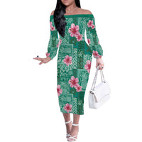 Cyan Hawaii Hibiscus With Tropical Flowers Motifs Off The Shoulder Long Sleeve Dress LT14 Women Cyan - Polynesian Pride