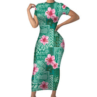 Cyan Hawaii Hibiscus With Tropical Flowers Motifs Short Sleeve Bodycon Dress LT14 Long Dress Cyan - Polynesian Pride