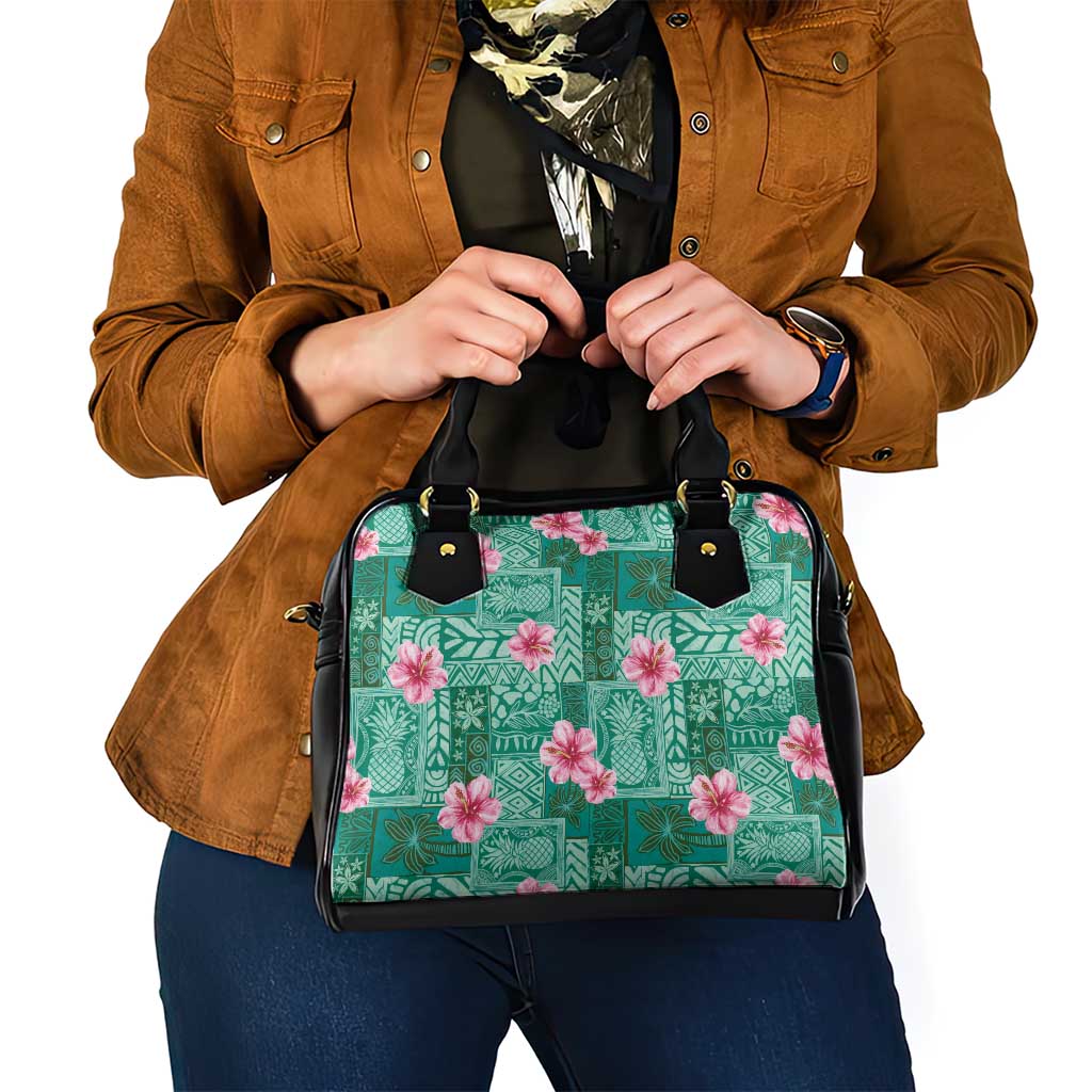 Cyan Hawaii Hibiscus With Tropical Flowers Motifs Shoulder Handbag - Polynesian Pride