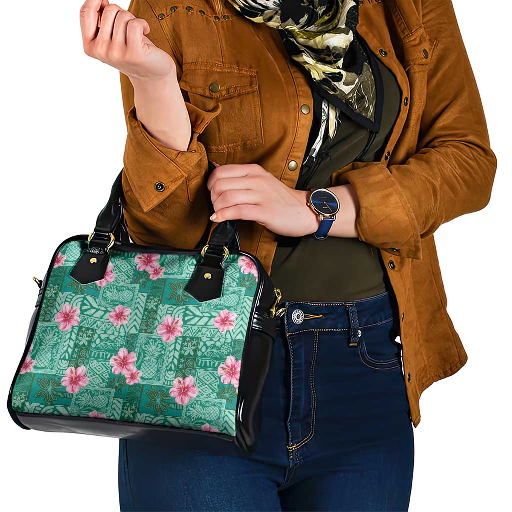 Cyan Hawaii Hibiscus With Tropical Flowers Motifs Shoulder Handbag - Polynesian Pride