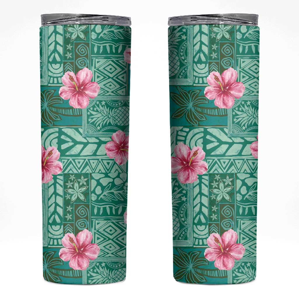 Cyan Hawaii Hibiscus With Tropical Flowers Motifs Skinny Tumbler LT14 Cyan - Polynesian Pride