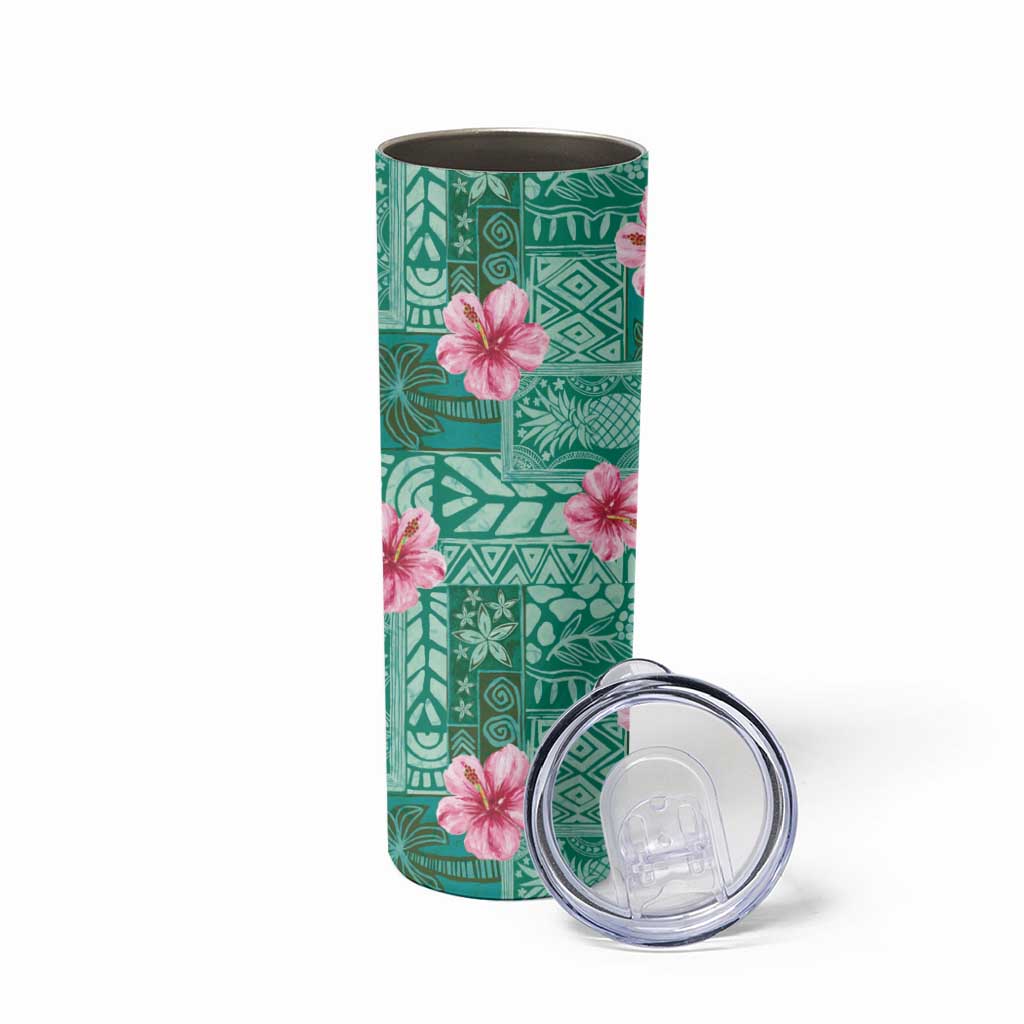 Cyan Hawaii Hibiscus With Tropical Flowers Motifs Skinny Tumbler LT14 - Polynesian Pride