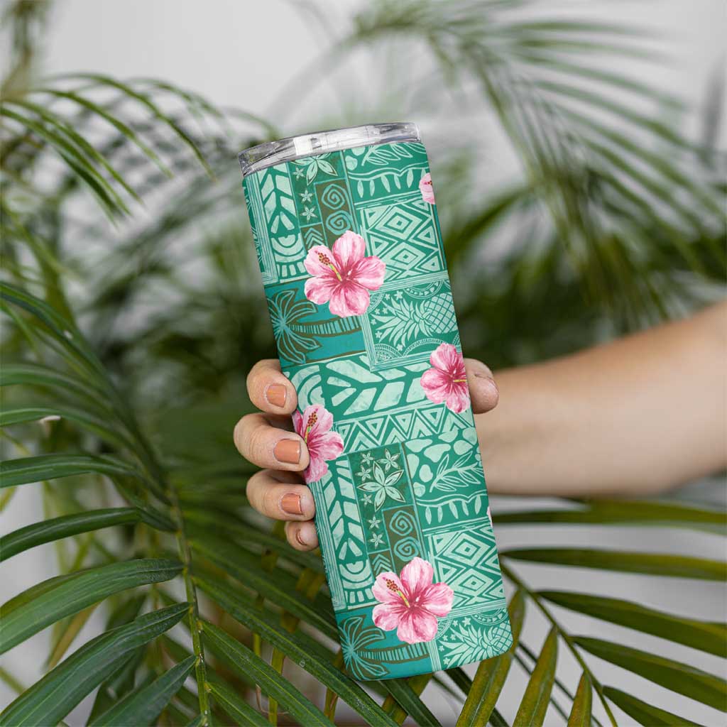 Cyan Hawaii Hibiscus With Tropical Flowers Motifs Skinny Tumbler LT14 - Polynesian Pride