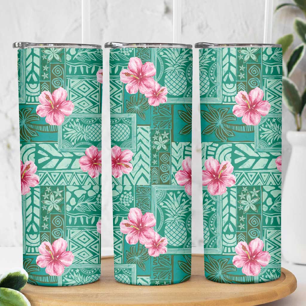 Cyan Hawaii Hibiscus With Tropical Flowers Motifs Skinny Tumbler LT14 - Polynesian Pride