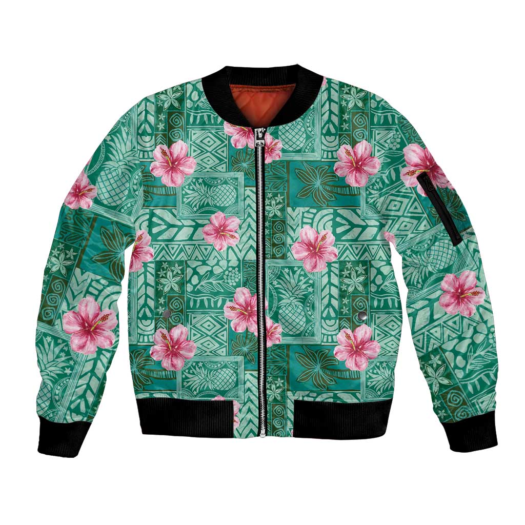 Cyan Hawaii Hibiscus With Tropical Flowers Motifs Sleeve Zip Bomber Jacket LT14 Unisex Cyan - Polynesian Pride