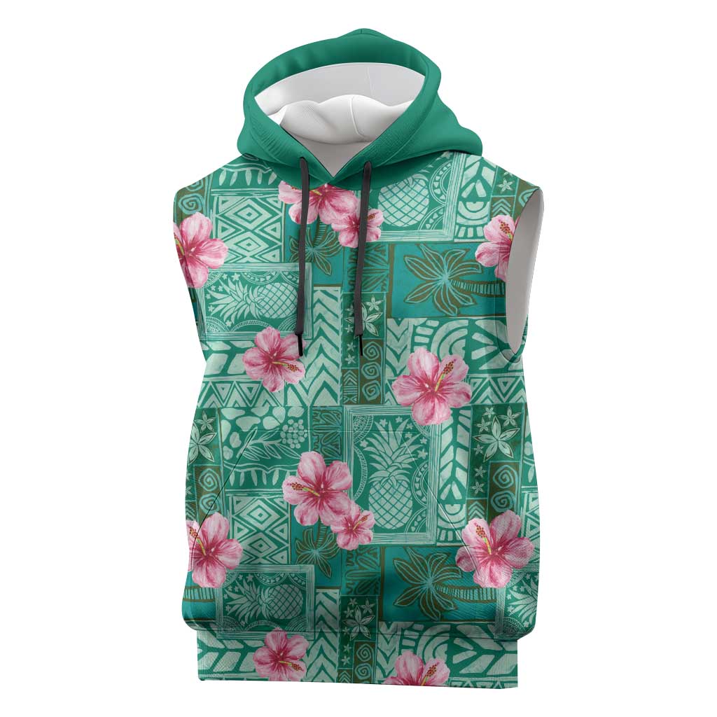 Cyan Hawaii Hibiscus With Tropical Flowers Motifs Sleeveless Hoodie LT14 Cyan - Polynesian Pride